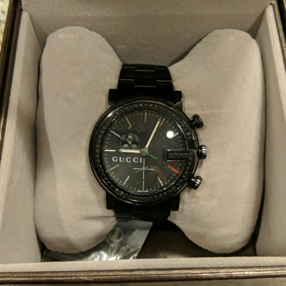 Gucci G-Chrono Black Watch w/ Black Diamonds